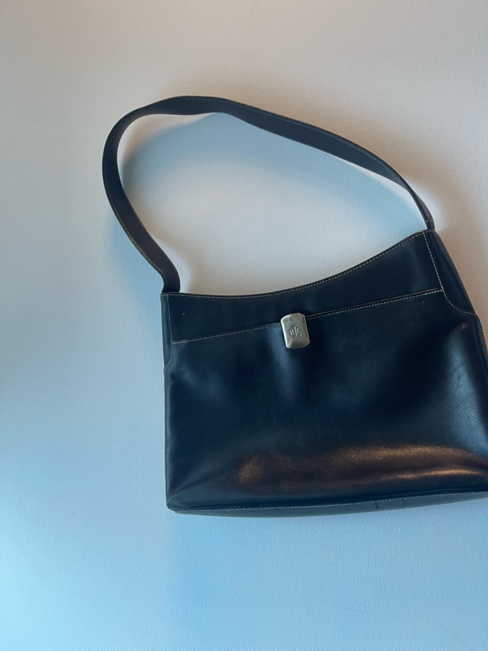 Lauren Ralph Lauren Black Leather Shoulder Bag with Silver-Tone Logo Clasp